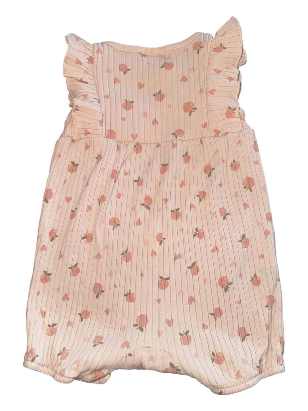 Willow + Whimsy Baby Girl Ribbed Peach and Heart Print Ruffle Romper - Picture 3 of 4
